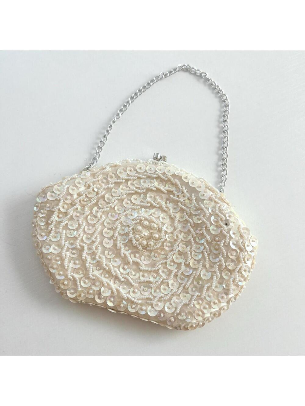 Vintage Beaded Sequin Clutch purse Hand Made in Hong Kong Ivory Cream Evening
